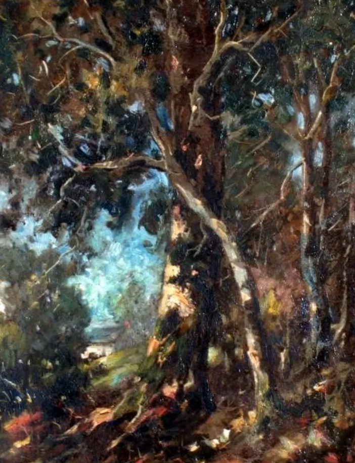 Painting of oak trees with atmospheric light filtering through the forest